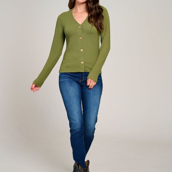 Womens Basic Button Front Long Sleeve Soft Ribbed Knit Soft Stretchy Sweater Top - Picture 4 of 7